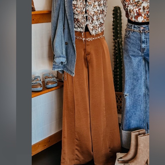 NWT The Wild J Satin Camel Brown Palazzo Pants - Picture 2 of 8